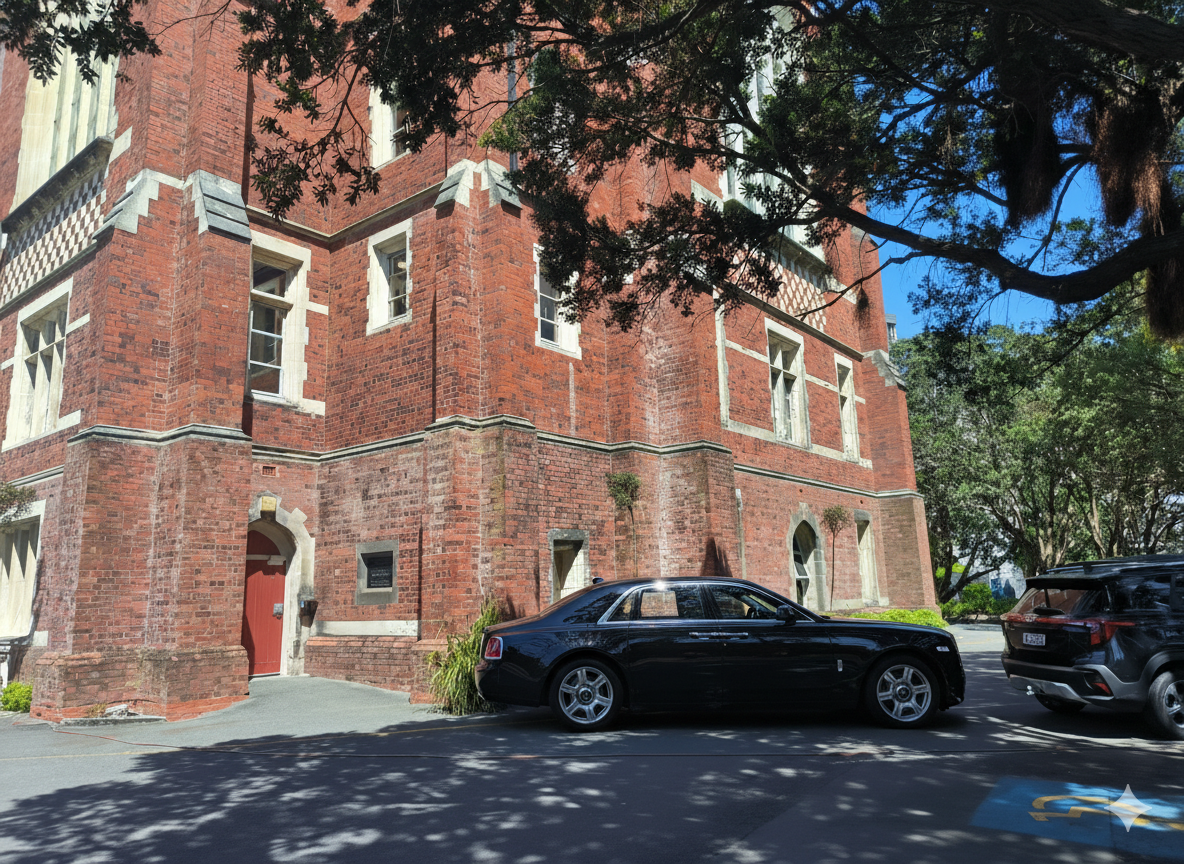 Classical architectural columns of the Old Government Buildings, Wellington - a historic wooden building featuring neoclassical design