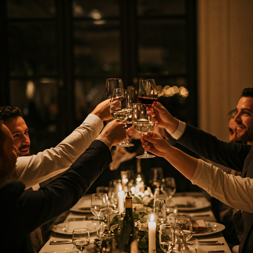 Raised glasses, photographed in low light